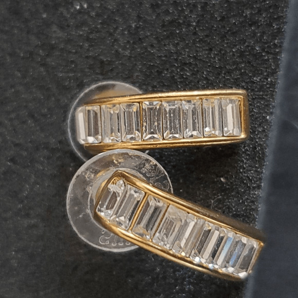 Swarovski Semi-curved Earrings with Channel Set Crystals Gold Plated Swan Signed - Picture 6 of 7